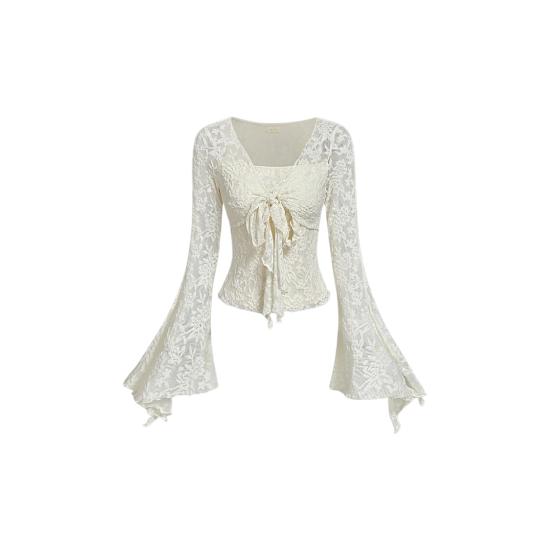 Damen Boho-Bluse aus transparenter Spitze mit tiefem V-Ausschnitt, Schnürung vorne und langen Trompetenärmeln in Cremeweiß