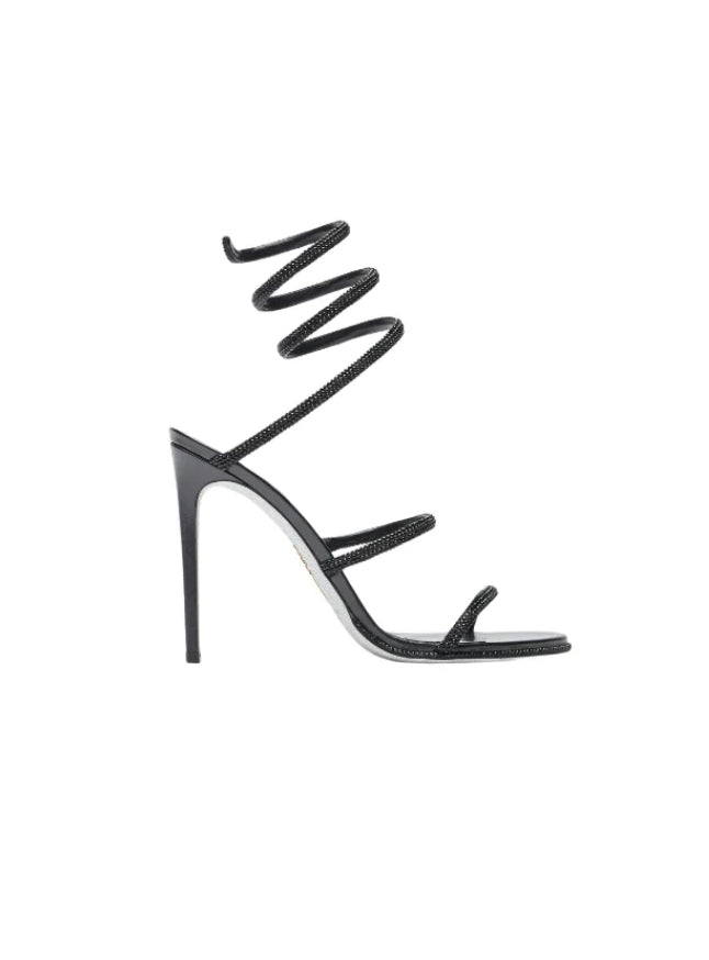Schwarze GLAM Sandals – seitliche Ansicht mit glänzender Snake-Spirale