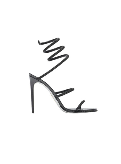 Schwarze GLAM Sandals – seitliche Ansicht mit glänzender Snake-Spirale