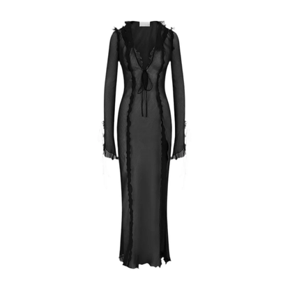 Transparentes Maxikleid mit Rüschen – Schwarz oder Schwarz mit weißen Punkten