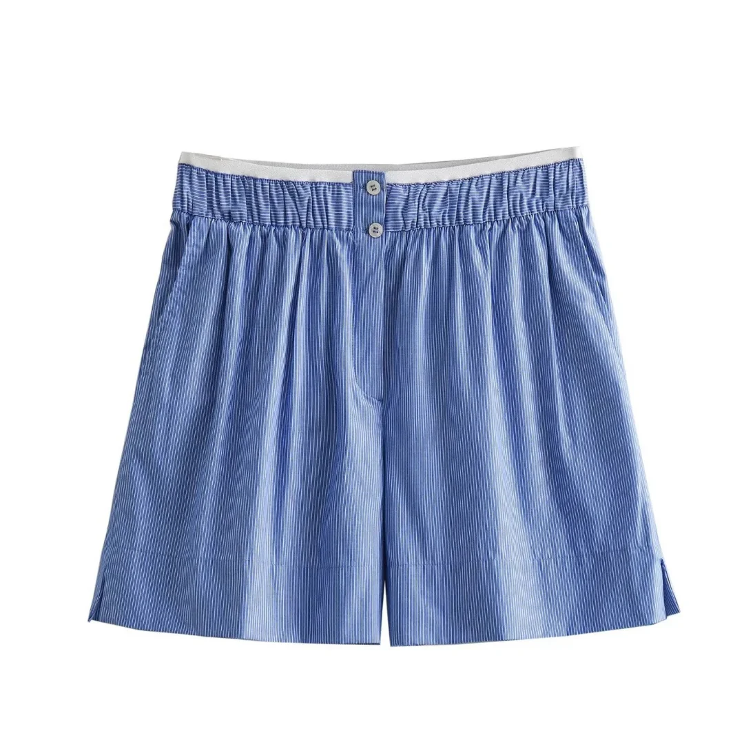 Blau-weiß gestreifte Damen-Shorts mit elastischem Bund und Knopfleiste – bequem und luftig