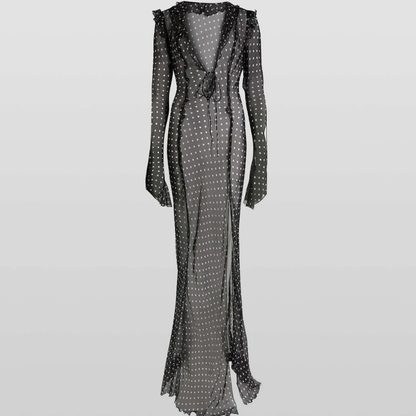 Transparentes Maxikleid mit Rüschen – Schwarz oder Schwarz mit weißen Punkten