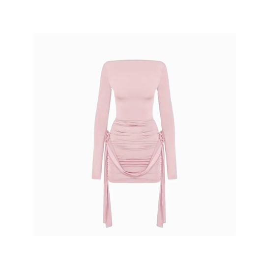 Zartrosa Off-Shoulder Minikleid mit Drapierung und seitlicher Raffung – figurbetonter Schnitt, langärmelig und stilvoll